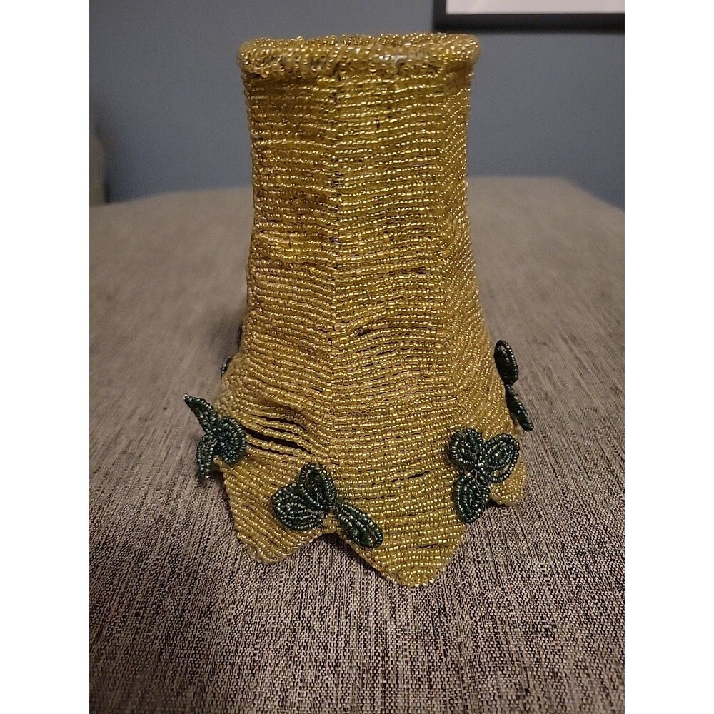 Yellow Beaded Lampshade Green Leaves Seed Bead 6.5" Tall